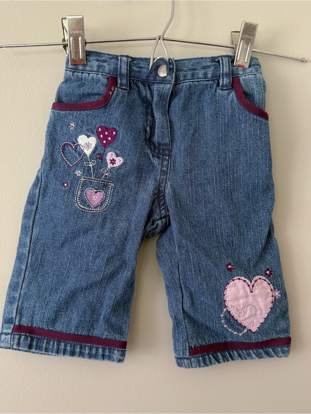 Koala Kids Denim Capri Pants with Pink Heart Embroidery